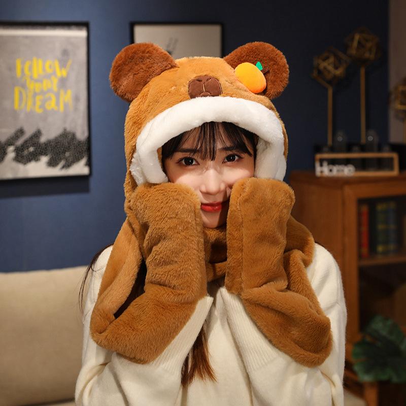 Cute Capybara Hat, Scarf and Gloves Three-in-one Capibala Guinea Pig Autumn and Winter Warm One-piece Three-piece Set