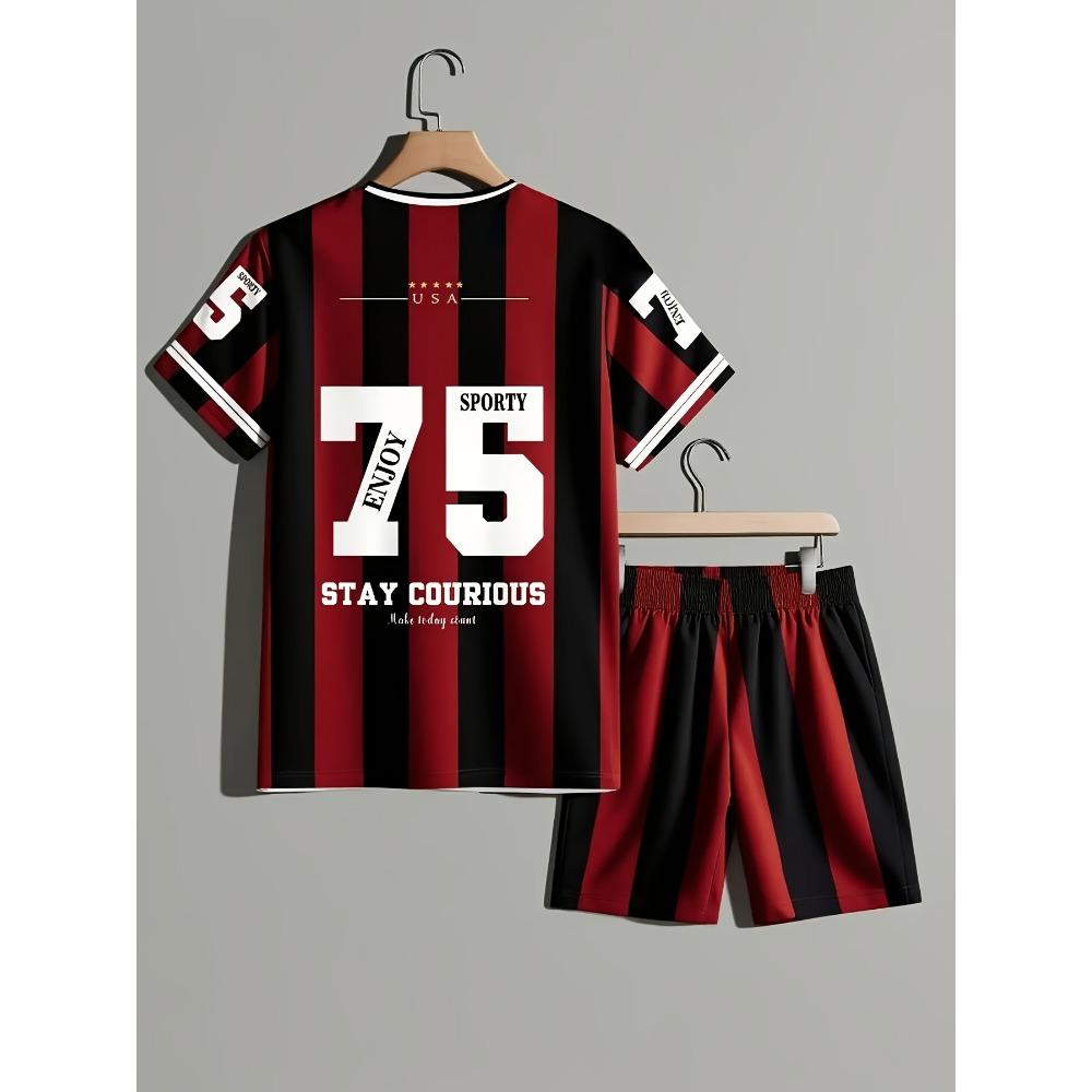 Men s 2pcs Set: Los Angeles Letter Print Short Sleeve T-Shirt + Casual Sportswear S