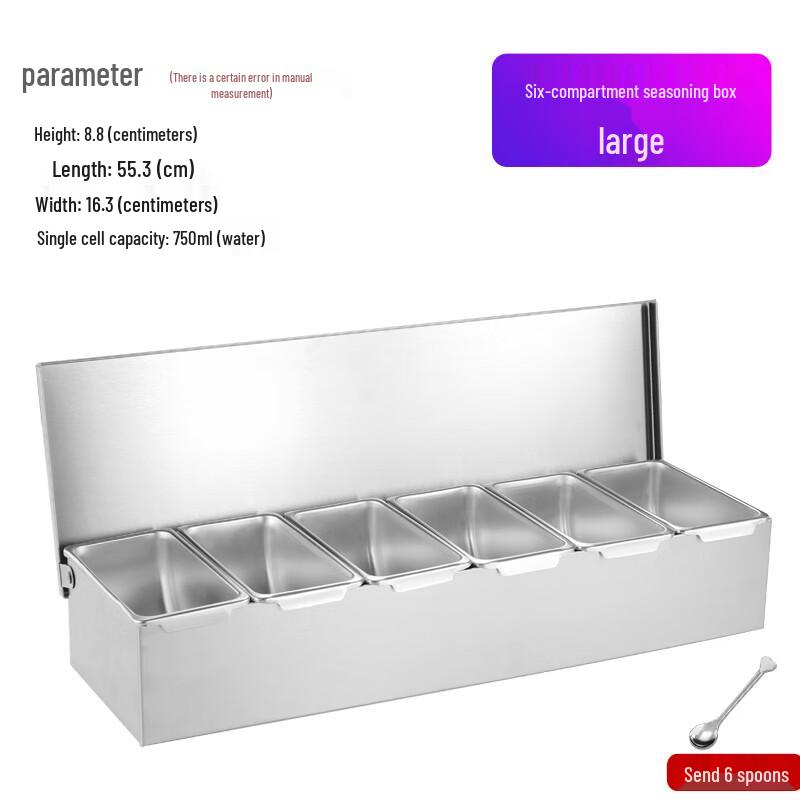 Hanyou Large Stainless Steel 6-Compartment Seasoning Box with Spoons
