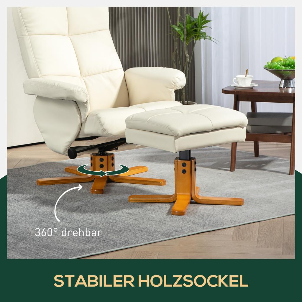 Recliner with Ottoman, 145 Degrees Reclining Backrest, 360 Degrees Swivel, Faux Leather, Cream White