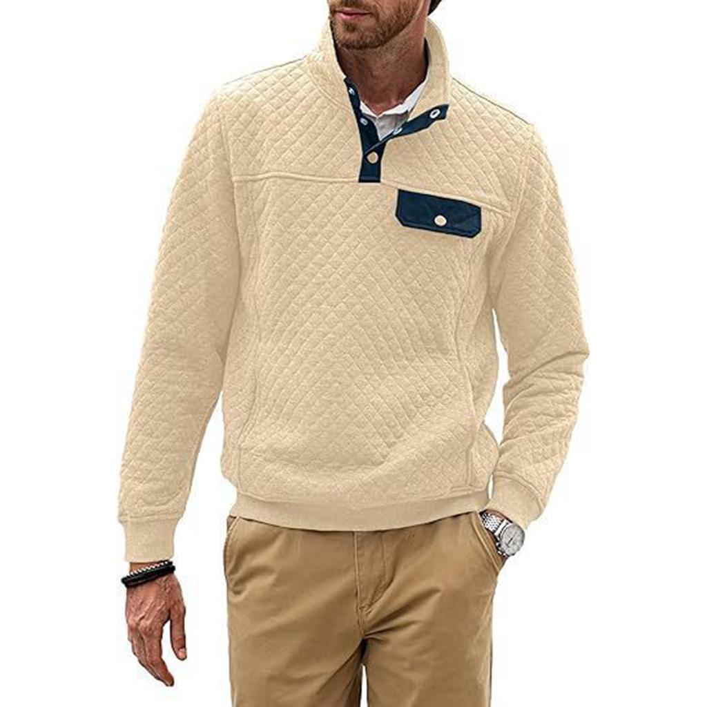 Men's Winter Solid Color Diamond Check Sweatshirt Men's Casual Pocket Button Sweatshirt