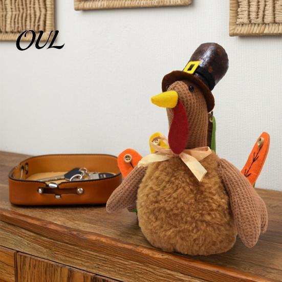 Plush Turkey Toy for Thanksgiving, Harvest Festival Fall Stuffed Decorative with Pilgrim Hat, Plushie Table Centerpiece Decoration Decor