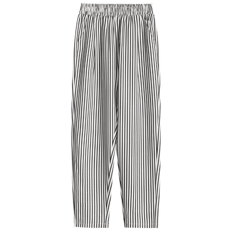 Women's Casual Vertical Striped Comfortable Breathable Elastic Waist Belted Daily Wear Casual Tapered Crop Pants With Pockets