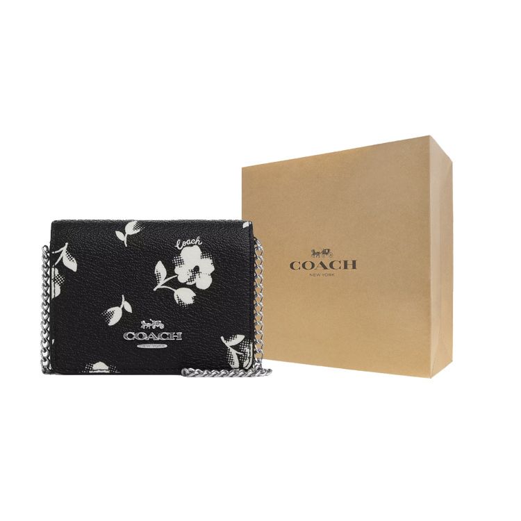 Coach Floral Print Card Slot Flap With Letter Logo Canvas And Leather Chain Shoulder Crossbody Wallet Women Bags Black CP344-SVA47