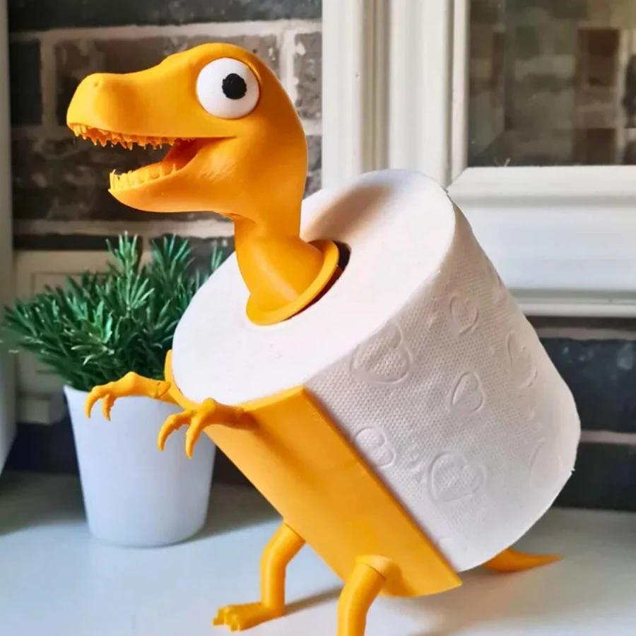 3D tištěný držák na toaletní papír s dinosaurem - Kreslený stojan na papírové utěrky z PLA, Odolný a praktický držák na kapesníky do kuchyně/koupelny