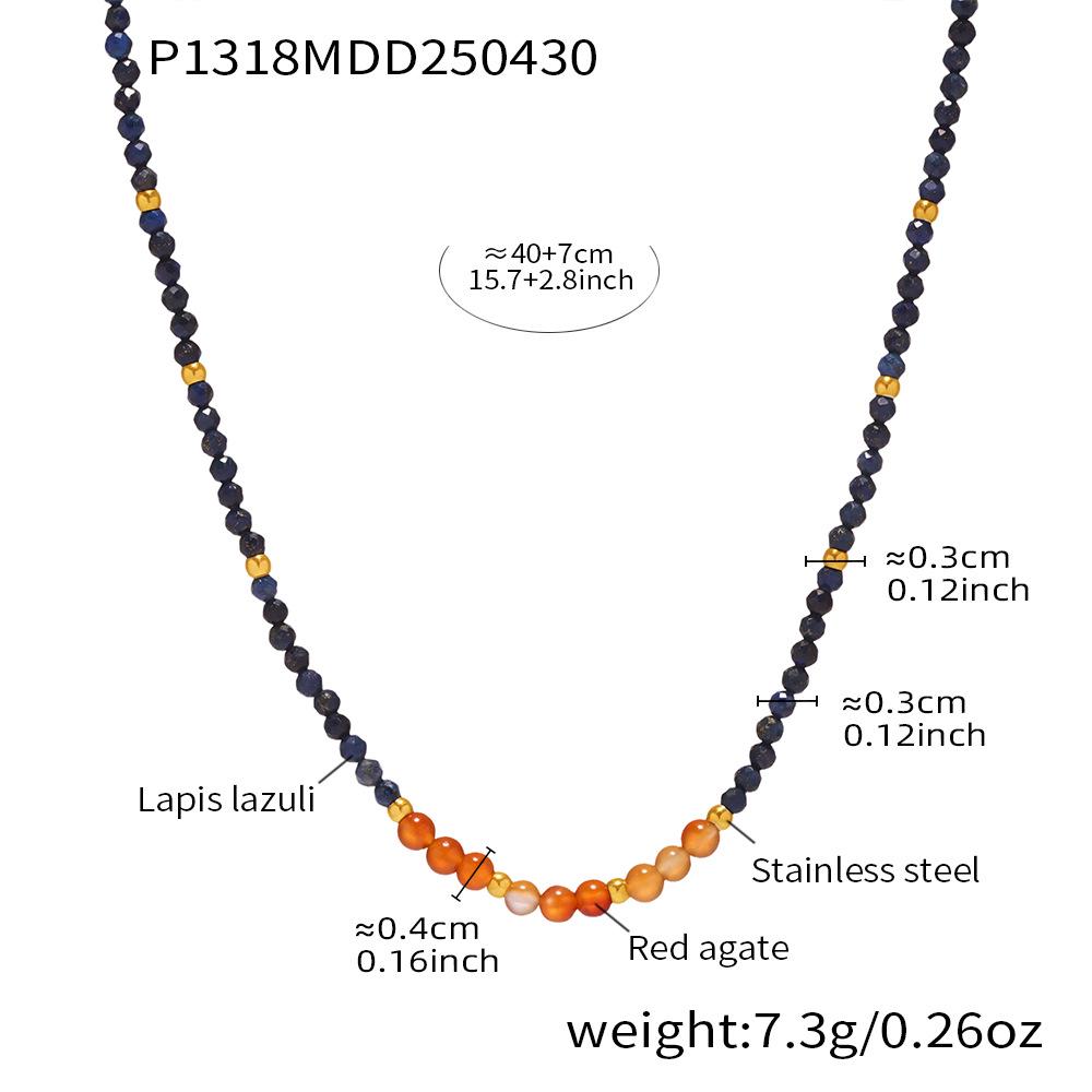 Qiong Yao Natural Lapis Lazuli & Red Agate Stainless Steel Beaded Necklace with Clavicle Chain