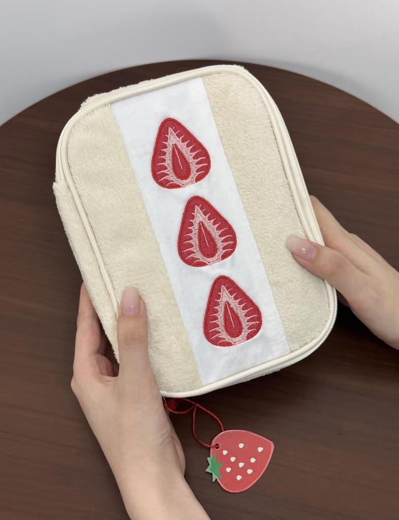 Strawberry Plush Makeup Bag: Large Capacity Travel Essential for Women