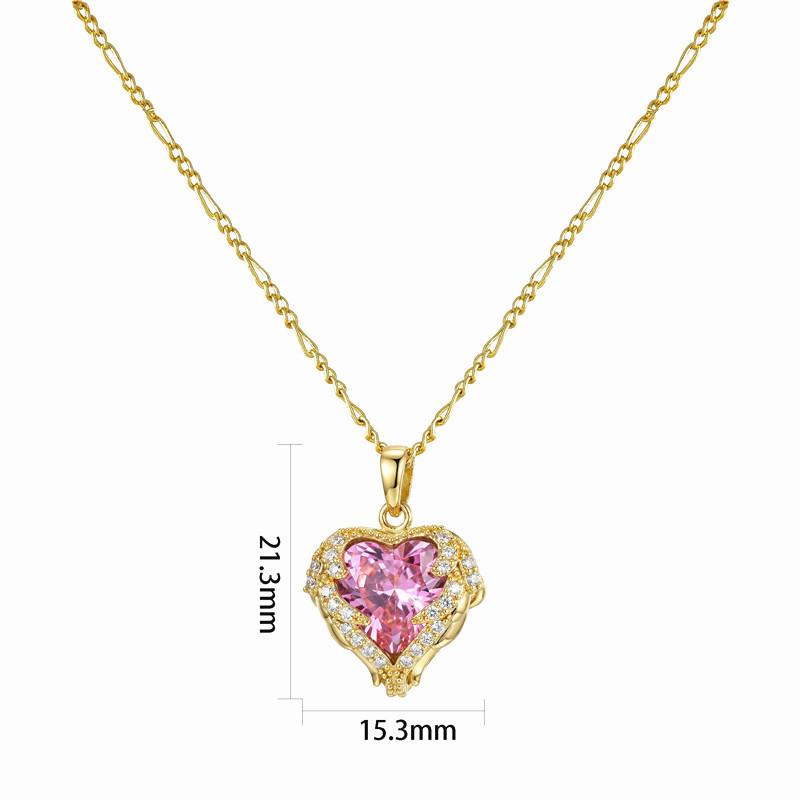 18K Gold Heart Series Copper Necklace with 3-Color Zirconia and Water Ripple Clavicle Chain