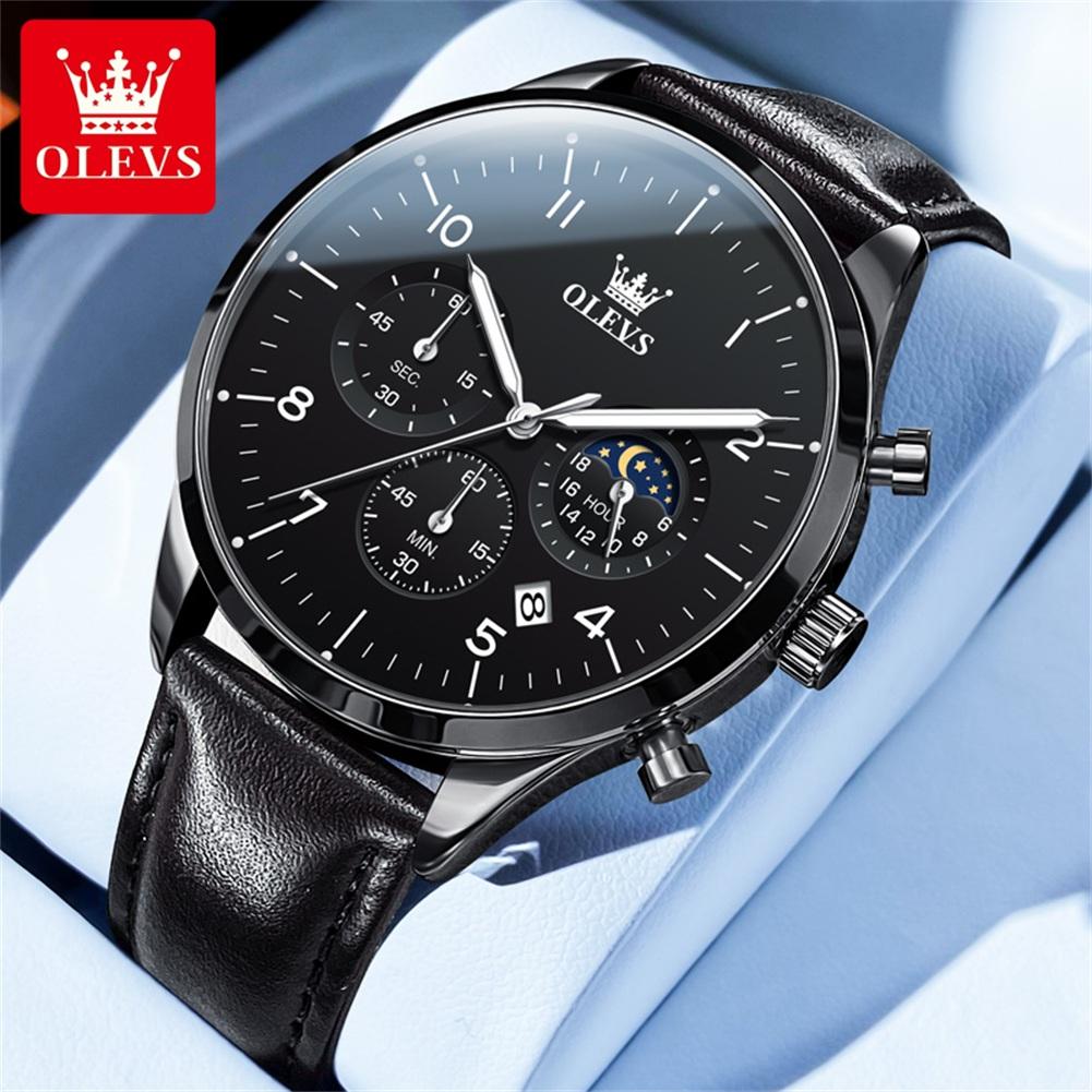 OLEVS Brand Fashion Moon Phase Quartz Watch for Men Leather Waterproof Luminous Calendar 24 Hours Multifunction Mens Watches