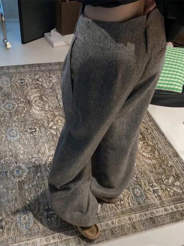 Women's 2025 Winter Gray Wool Wide-Leg High-Waist Relaxed Pants Plus Size