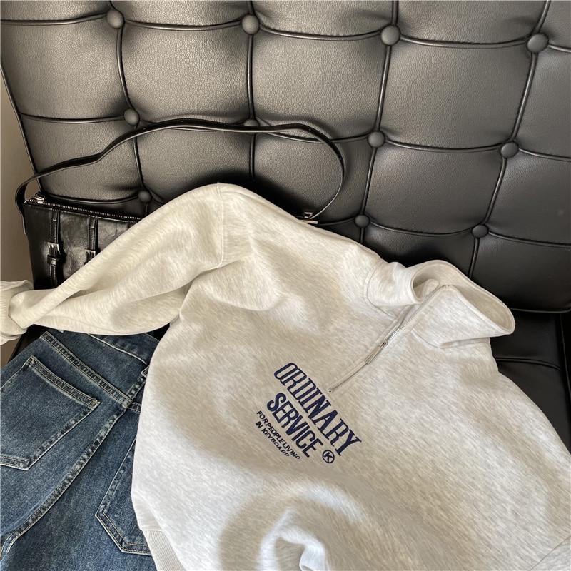 Korean-Style Embroidered Half-Zip Pullover: Women's Spring & Autumn Stand-Up Collar Sweatshirt