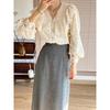Spring Summer Vintage Women Shirts Lace Lolita Elegant Long Sleeve Flounce Blouse Office Lady Fashion