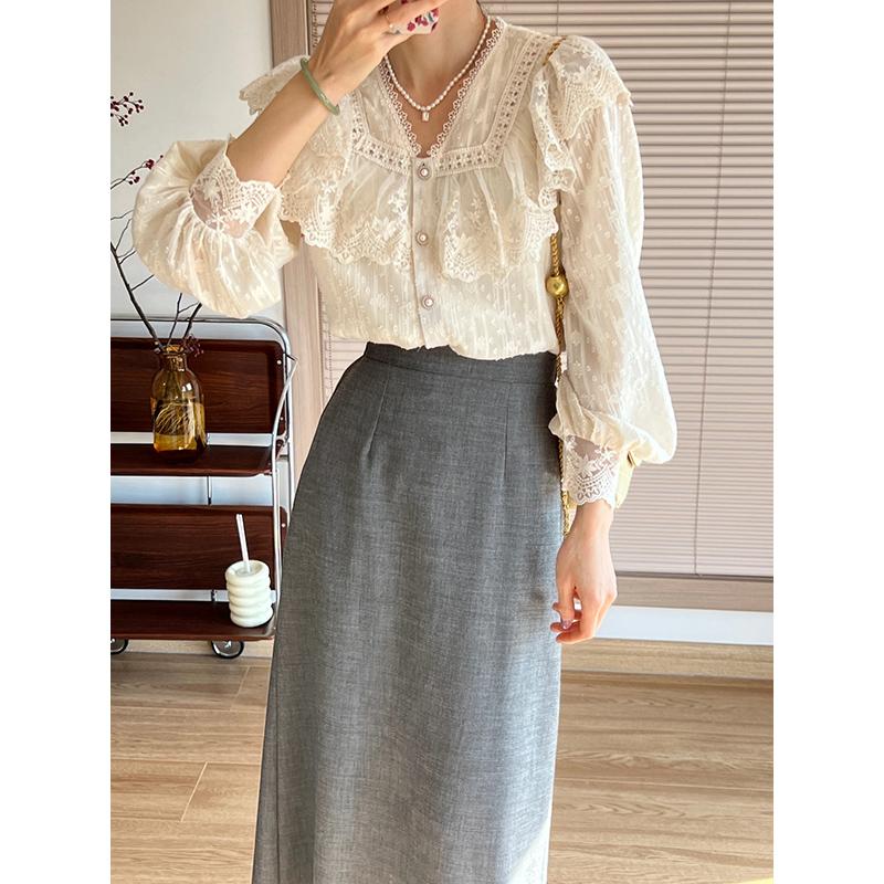 Spring Summer Vintage Women Shirts Lace Lolita Elegant Long Sleeve Flounce Blouse Office Lady Fashion