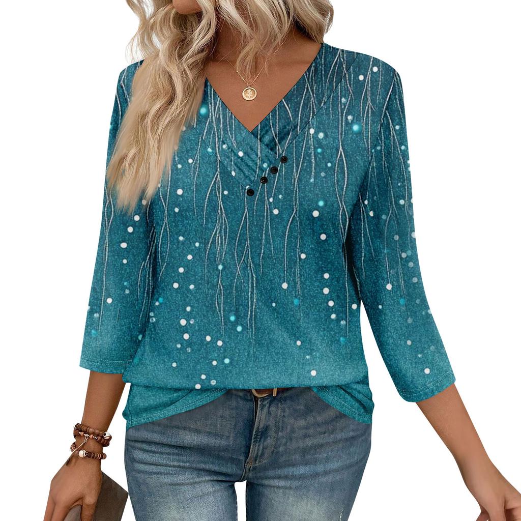 Womens 3/4 Sleeve Daily Weekend V Neck Casual Printed Tshirts Loose Fit Pleated Tees Button Down Shirts
