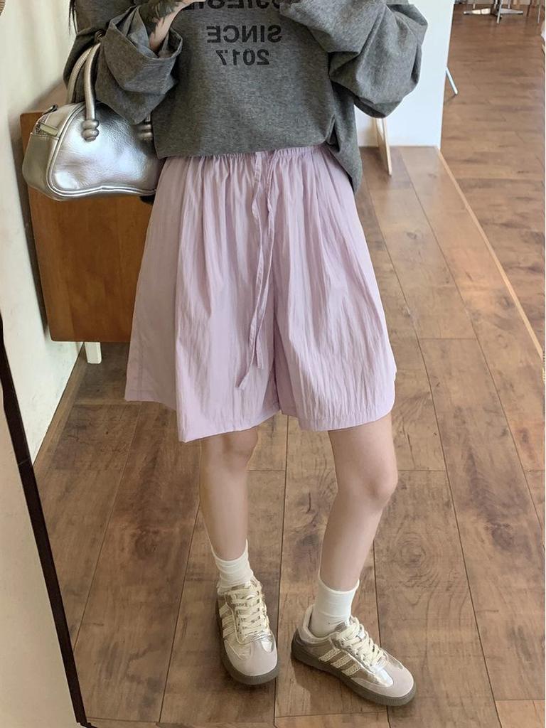 Apricot Ice Silk Women's High-Waist Casual Mid-Length Wide Leg Sports Shorts - Summer 2025