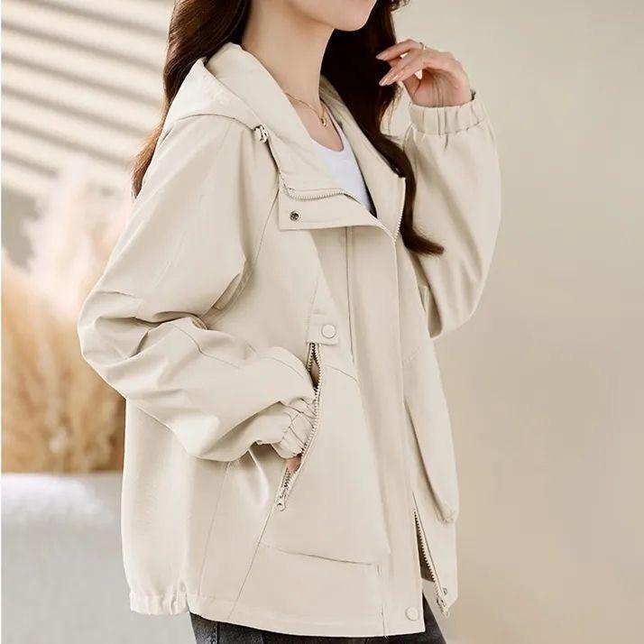 

Стильный ветрозащитный плащ с капюшоном: Повседневная свободная куртка для мам среднего возраста M (80-105 jin) грязно-белый