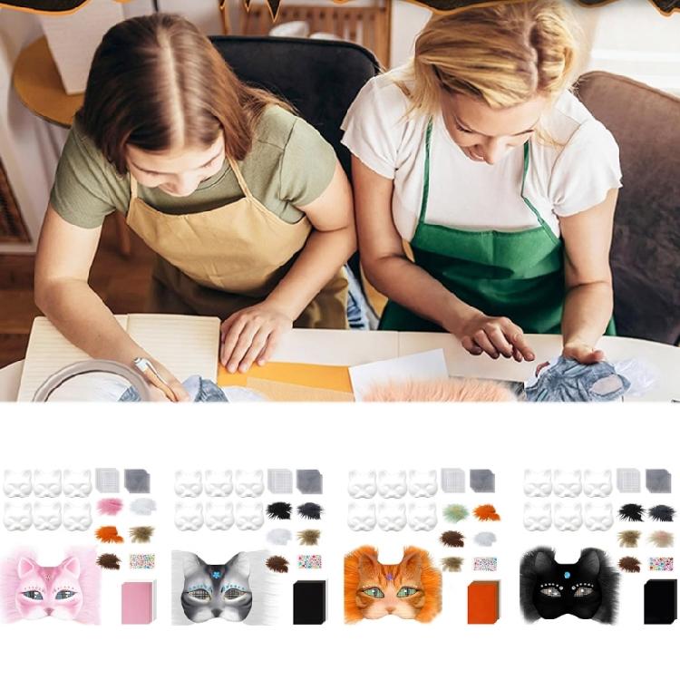 6Pieces White Cats Face Mask Unpainted Masquerades Mask for Halloween Includes Furry Trim Eye Mesh Felted Cloth Sticker