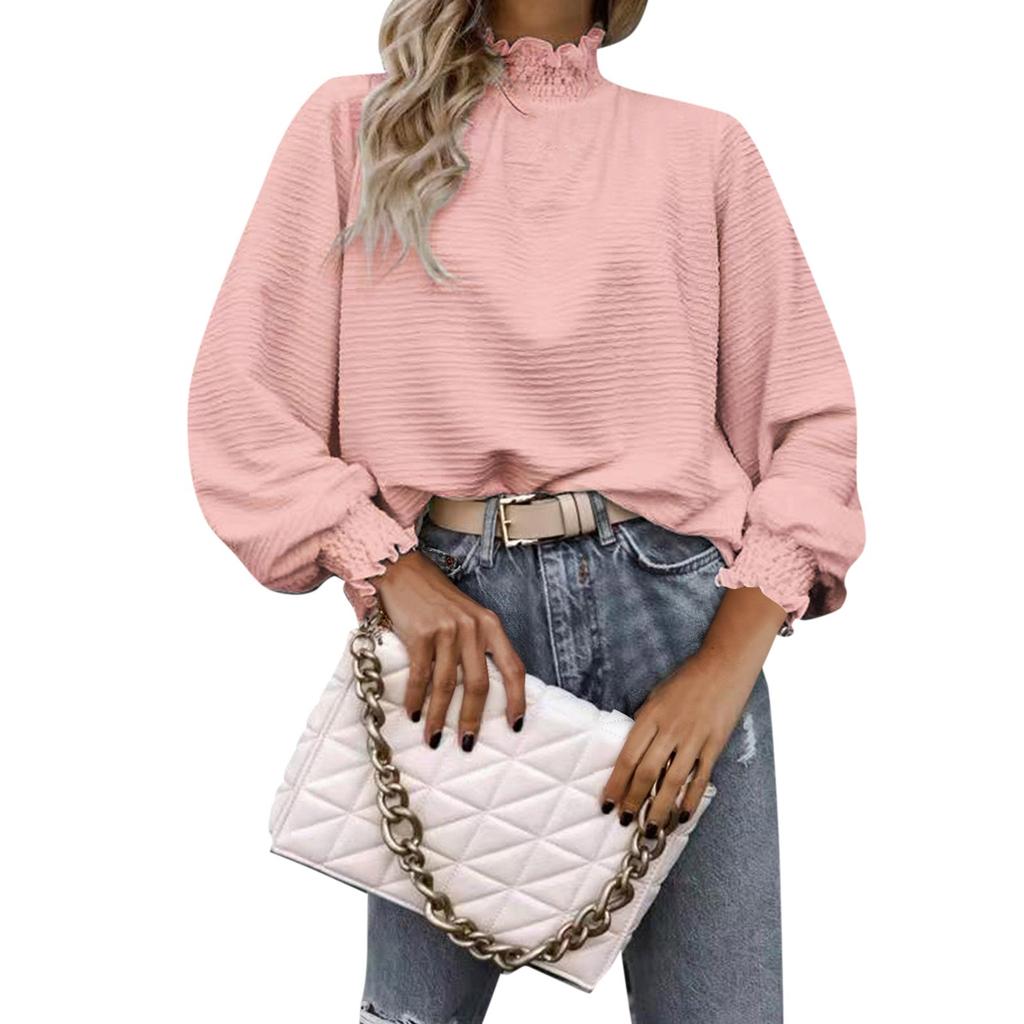 Womens Casual Long Sleeve Round Neck Chambray Blouse Top