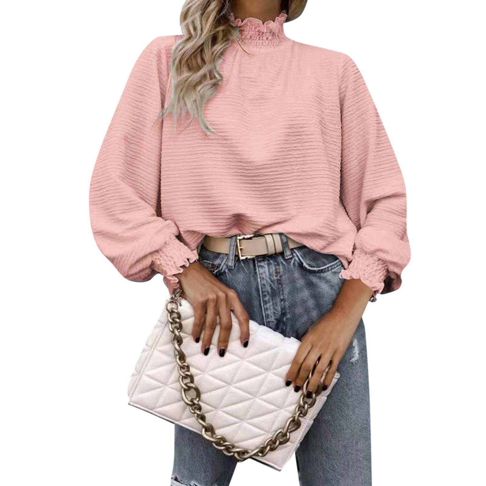 

Womens Casual Long Sleeve Round Neck Chambray Blouse Top S розовый