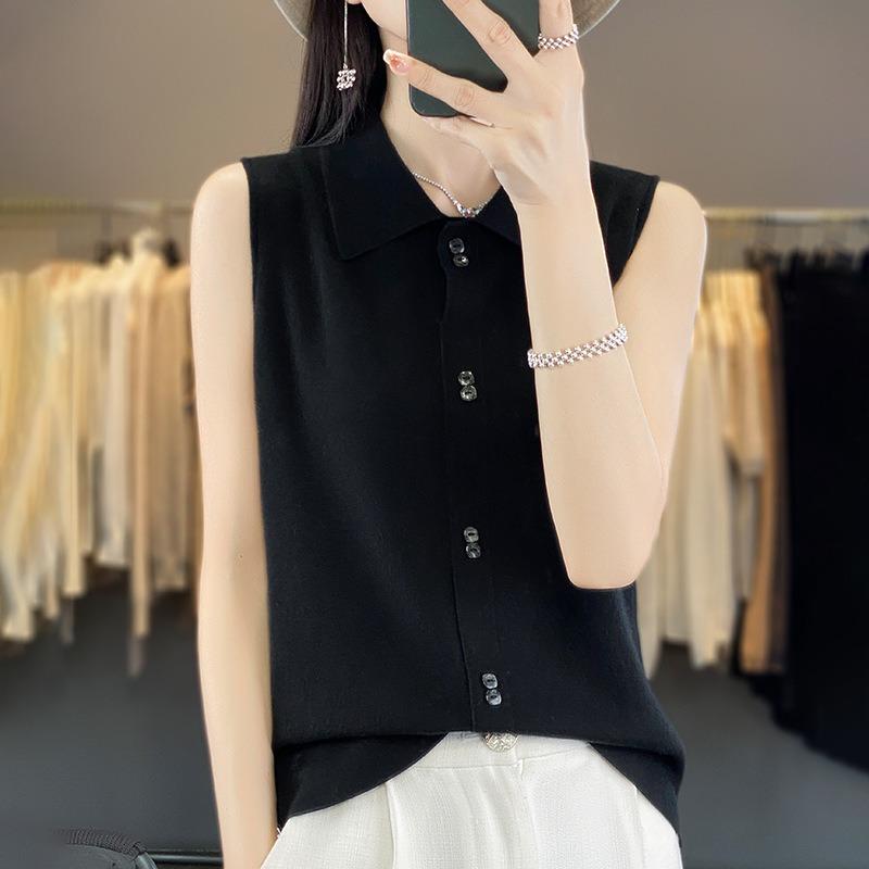 Sommer Weste Weste Damen POLO Kragen Ärmellos Strickjacke Top Unterhemd Dünne Strickweste