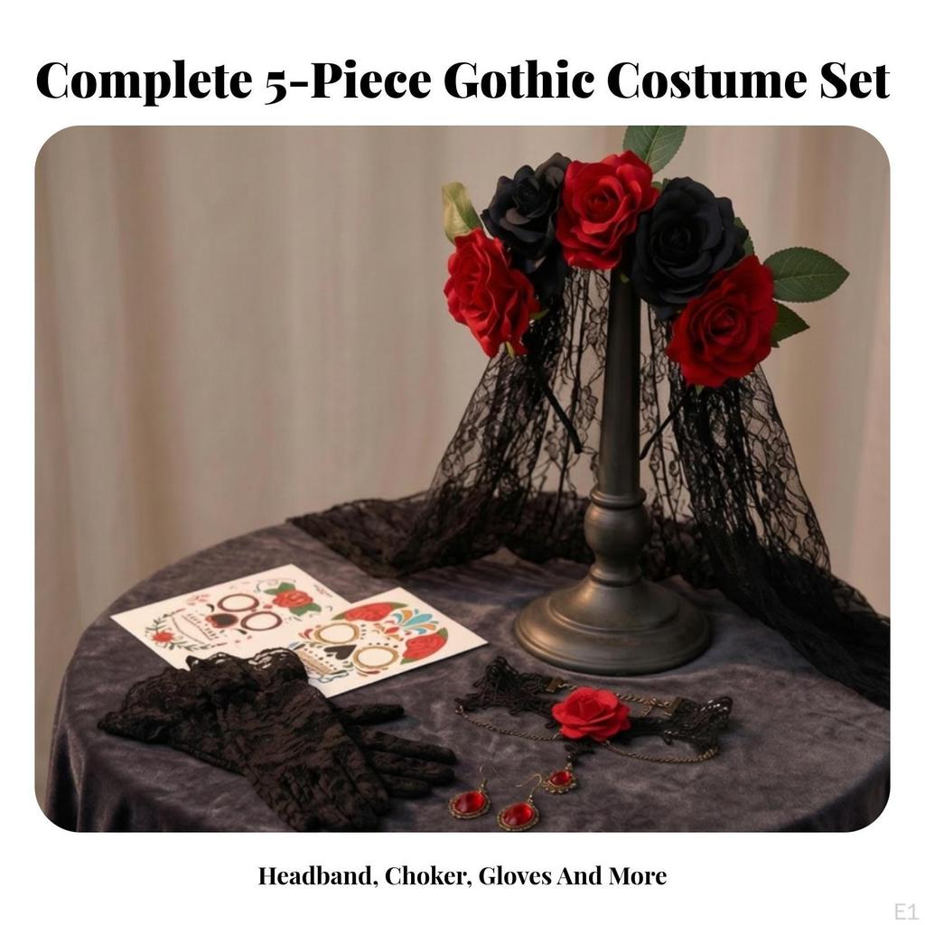 One Size Day of the Dead Costume Kit | Dramatic Coordinated Look, Sugar Skull Temporary Decal and