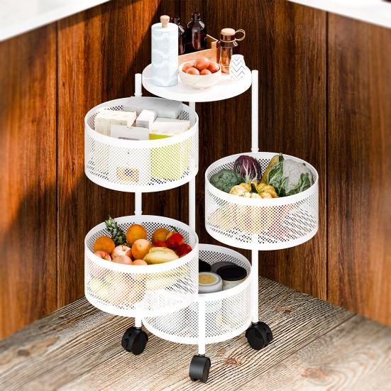Rotating Storage Rack Fruit Basket for Kitchen 3/4/5 Tier Circular Rotating Basket Fruit and Vegetable Metal Wire Shelf with Top Lid (White)