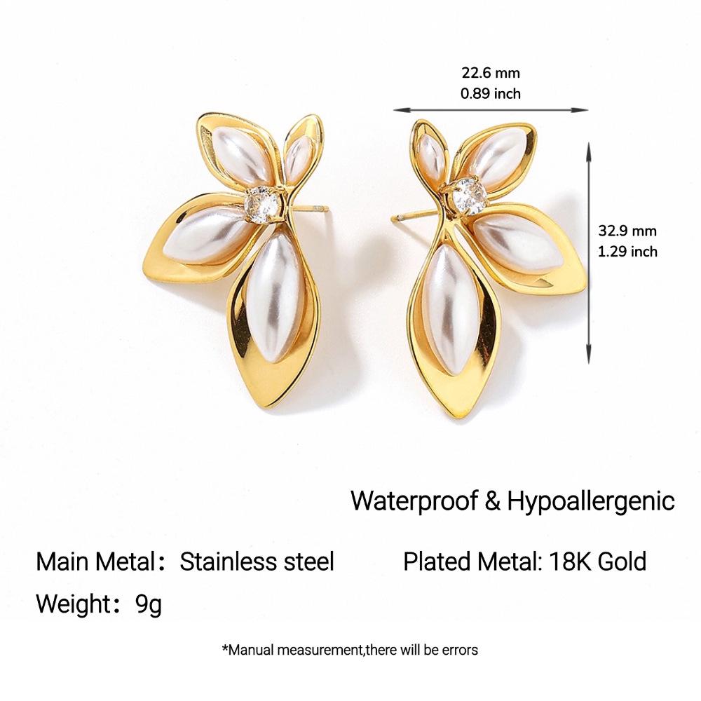 

Ying Tai European/American Ins Style High Polish 18K Gold Non-fading Stainless Steel & Titanium Ear Studs with Faux Pearl Petal Design