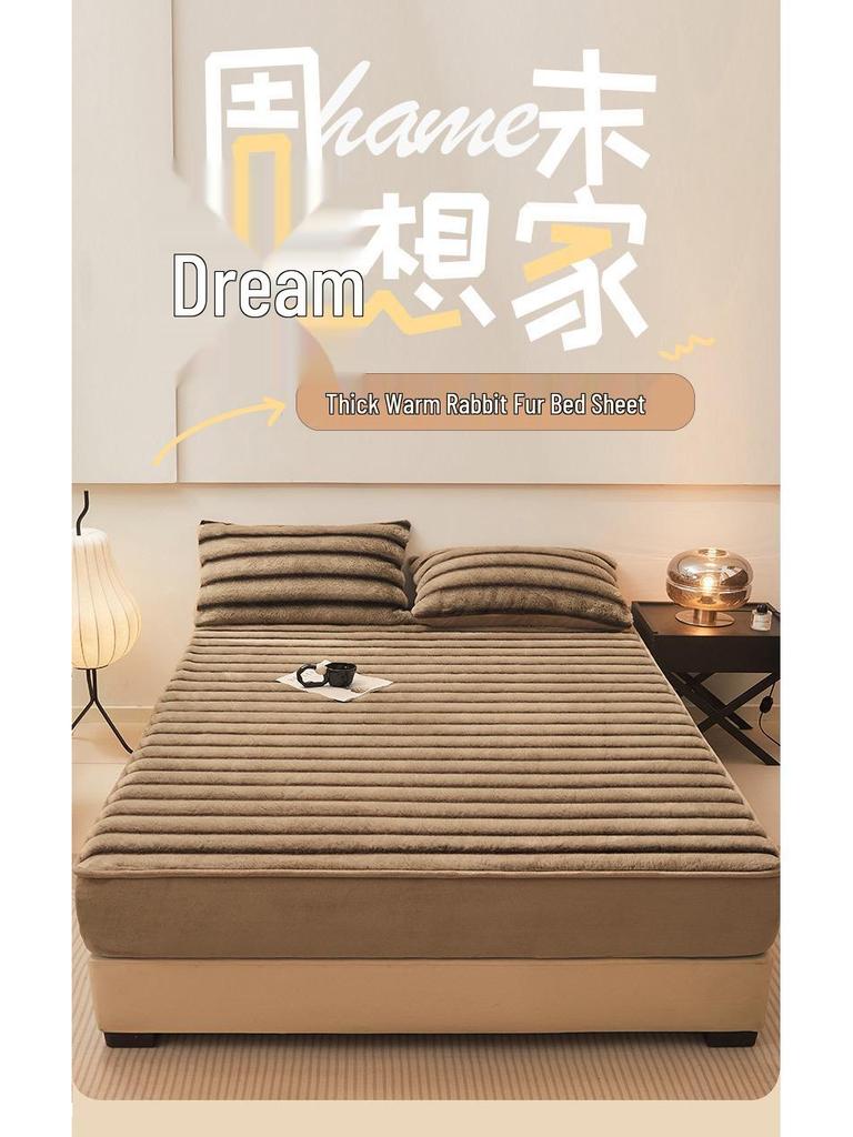Class A Extra Thick Rabbit Fur Plush Fitted Sheet Set: Milk Velvet Bedspread, Winter Foldable Coral Fleece Mattress Cover