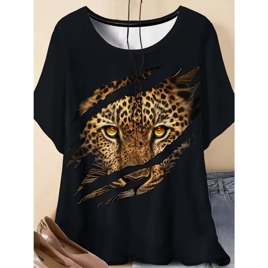 XL-7XL Plus Size Women's Men Cartoon Cat Casual 3D Print Loose V Neck Short Sleeved T-shirt Top