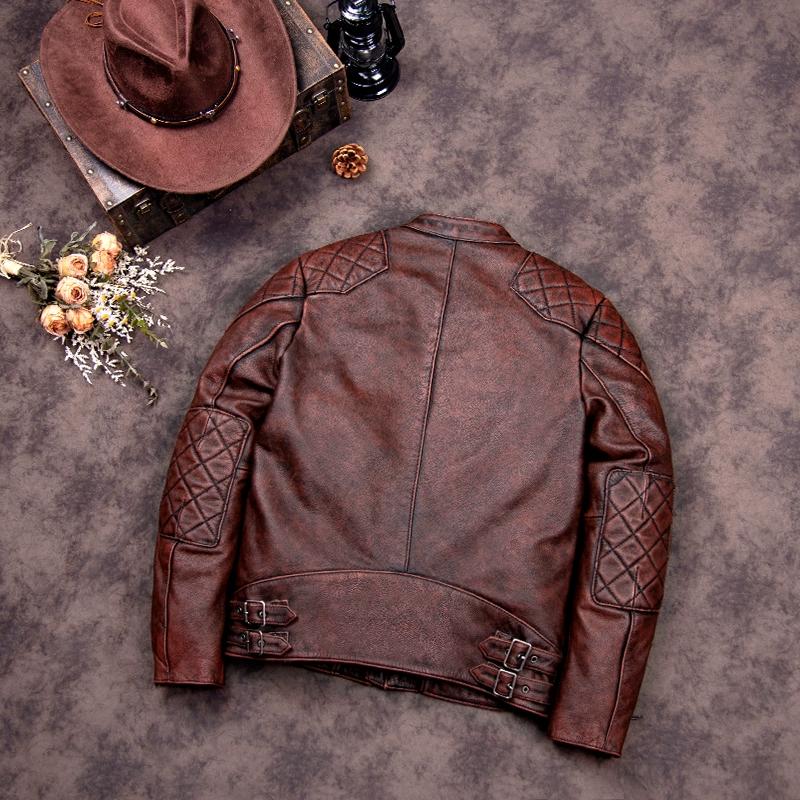 Chinese Size Amei Kaki Vintage Brown First Layer Natural Cowhide Men's Leather Jacket Men Biker Coat Slim Fit Autumn