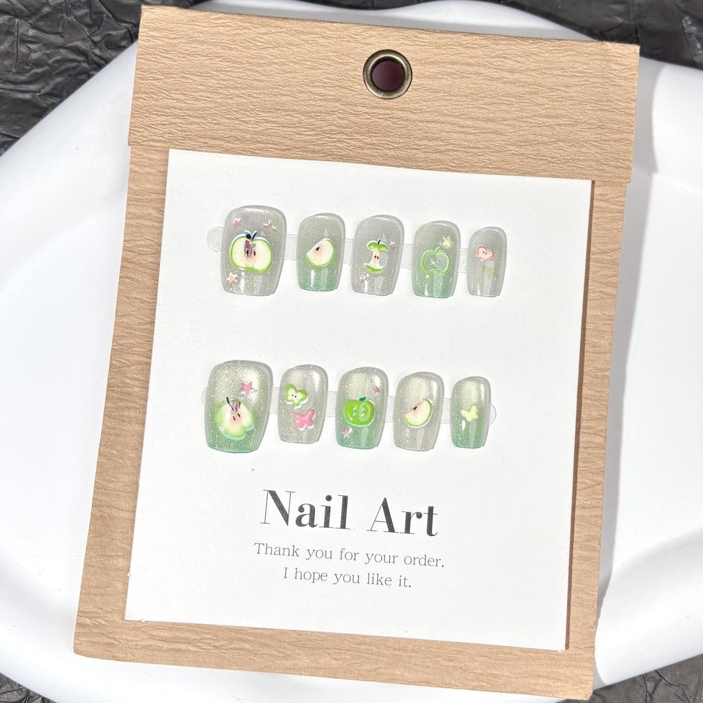 Cute Green Apple Cartoon Cat Eye Wearable Nails for Kids