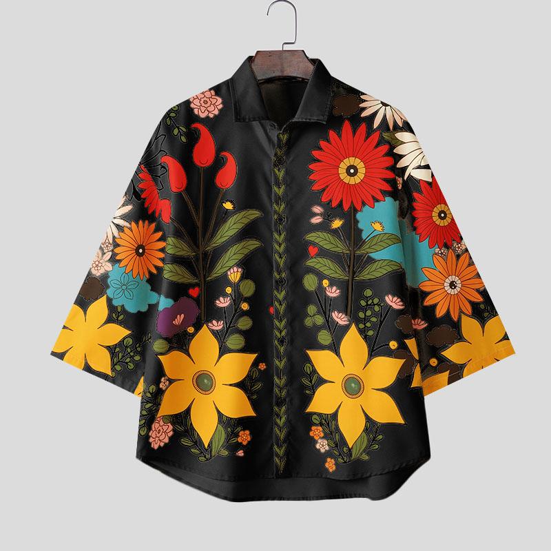 

INCERUN свободные мужские рубашки с воротником-лацканами, рукавом 3/4, пуговицами, цветочным принтом, повседневные рубашки для отдыха 4XL