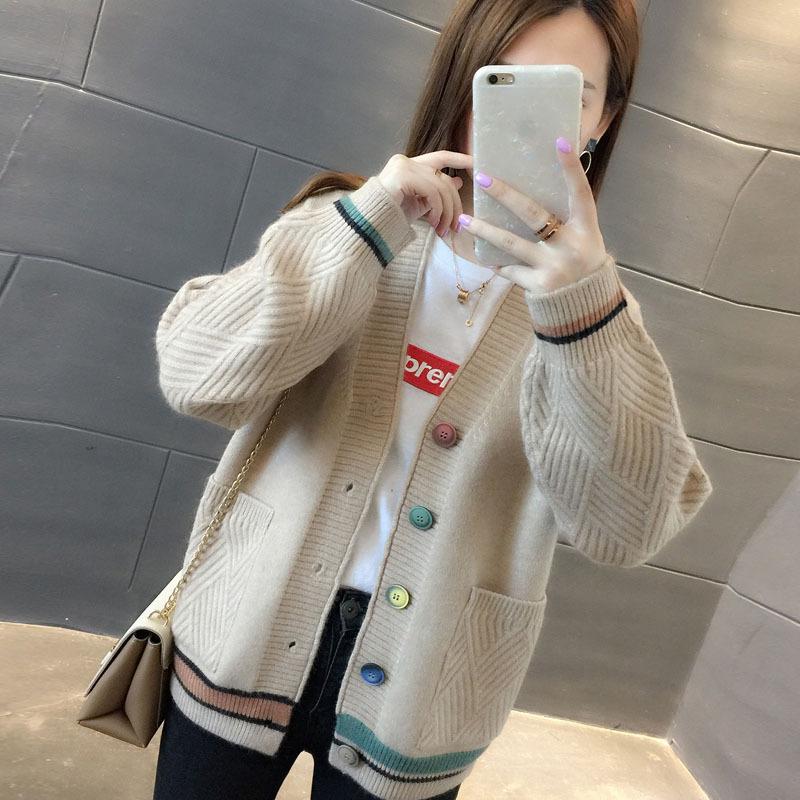 Color Button Knitted Cardigan for Women, Foreign Versatile and Contrasting Colors V-neck Large-size Sweater Cardigan for Women, Loose and Lazy Women