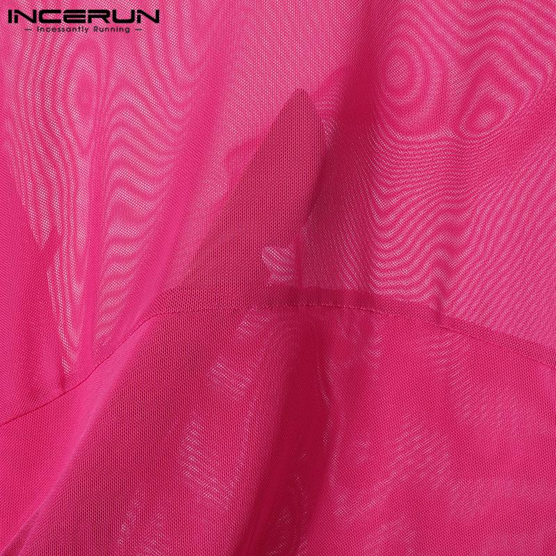 INCERUN Men High Neck Long Sleeve Ruffled See Through Tops Club Party Mesh Irregular T-Shirts