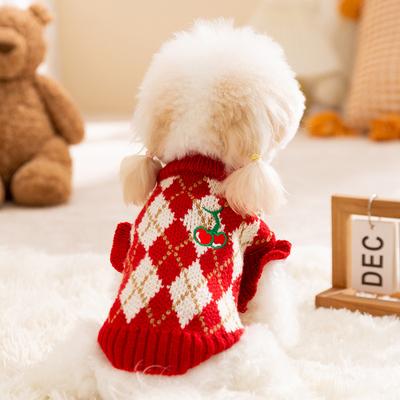 Cherry Rhombus Dog Sweater Autumn and Winter Thickened Warm Yorkshire Bigbear Flying Sleeves Small Dog Cat Pet Clothes