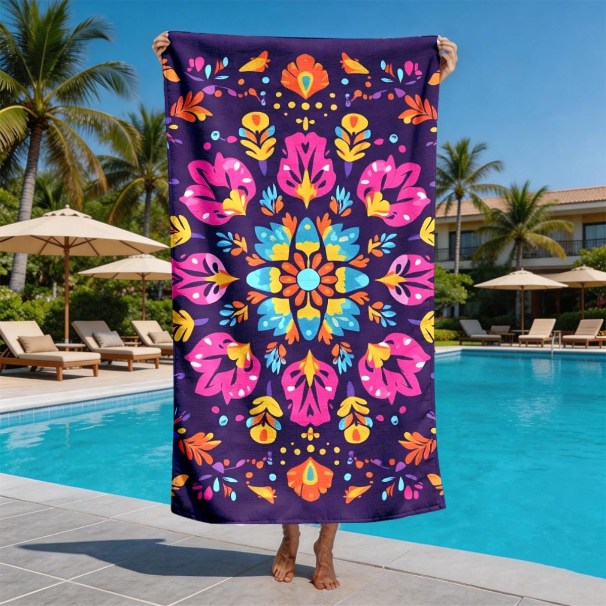Brightly symmetrical mandala pattern polyester microfiber beach towel is highly absorbent, suitable swimming and beach outings W30*H60(CM)