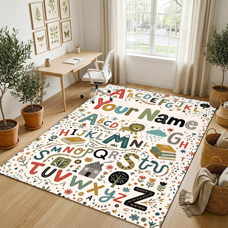 Adventure Alphabet Theme Soft Crystal Velvet Rug Custom Name & Text Print Non Slip Floor Rug for Bedroom Living Room