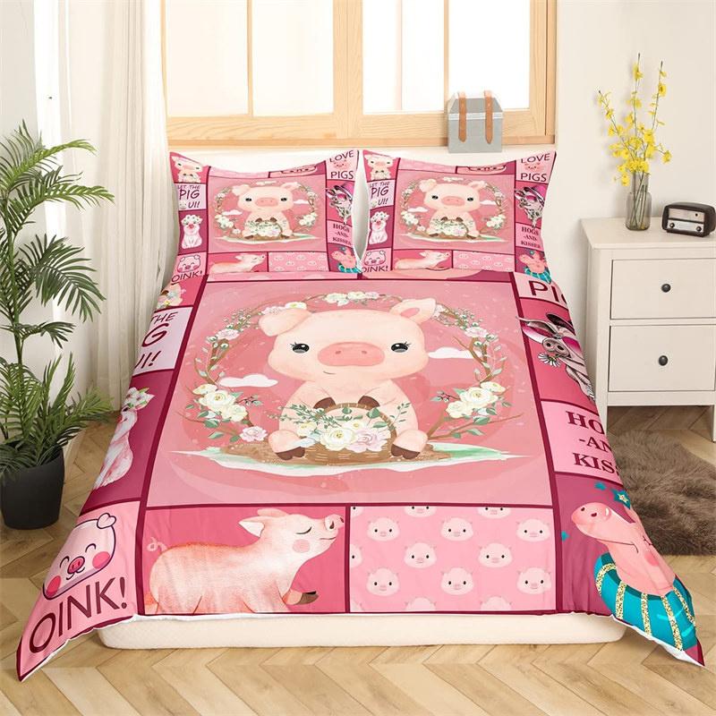 Cartoon Lovely Pig Duvet Cover Set Kawaii Animal Bedding Set King Microfiber Farmhouse Wildlife Theme Comforter Cover Pillowcase