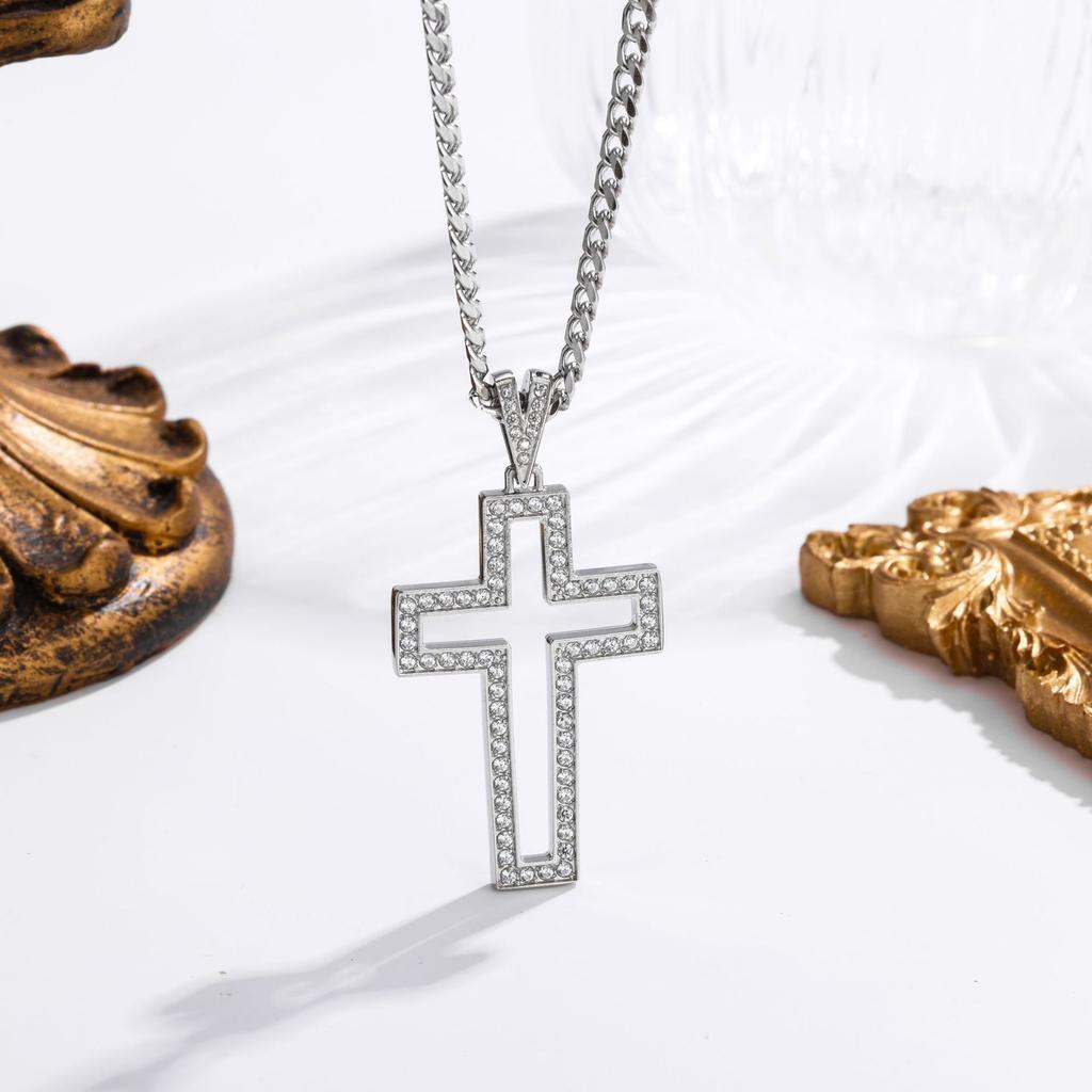 2026 Stone Cross Necklace Fashion Light Luxury Necklace Jewelry Premium Jewelry Full Diamond Men's Necklace
