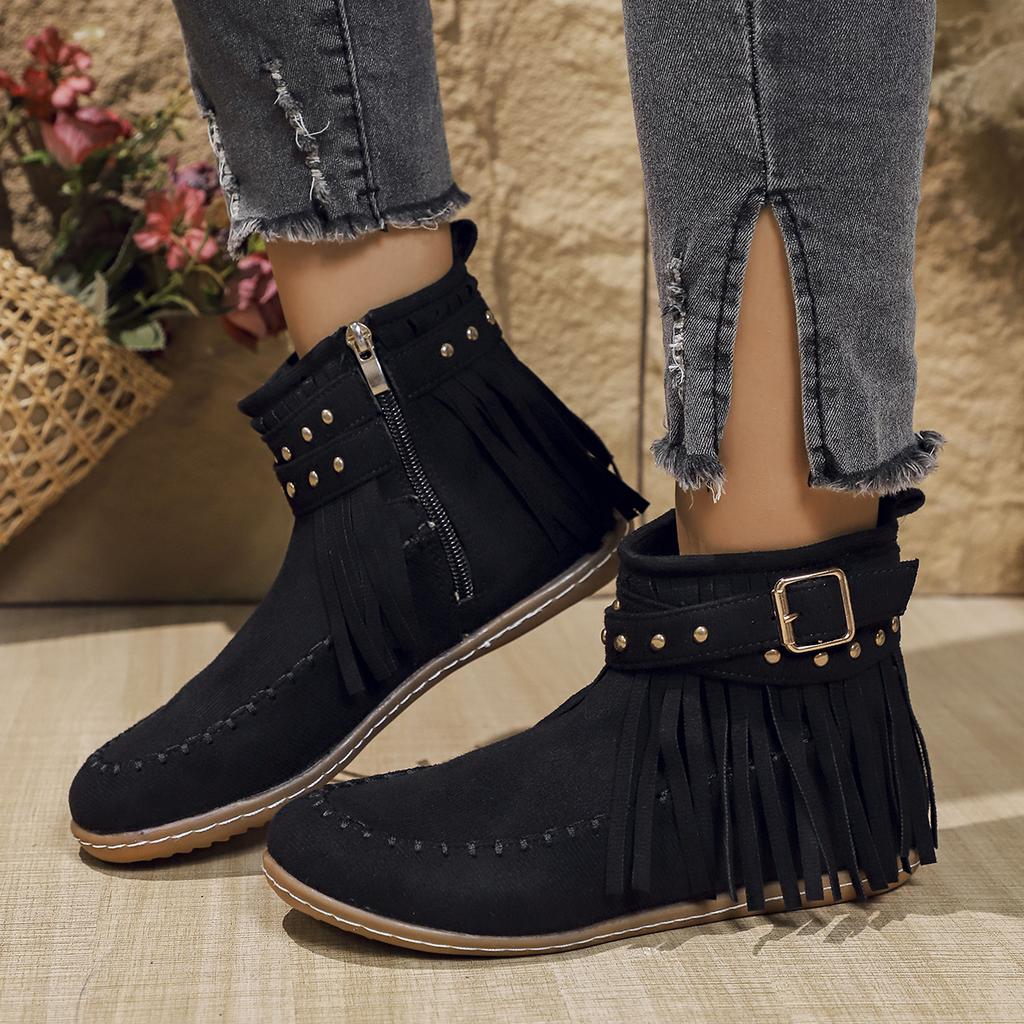 Fashion Bohemia Fringed Metal Rivet Buckle Decoration Riding Boots Women 2025 Winter Suede Flat Heel Ankle Boots Fashion Side Zip Shoes
