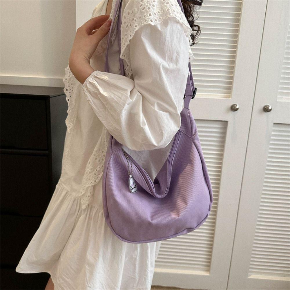 

Corduroy Solid Color Shoulder Bag Large Capacity Handbag with Pendant Girls