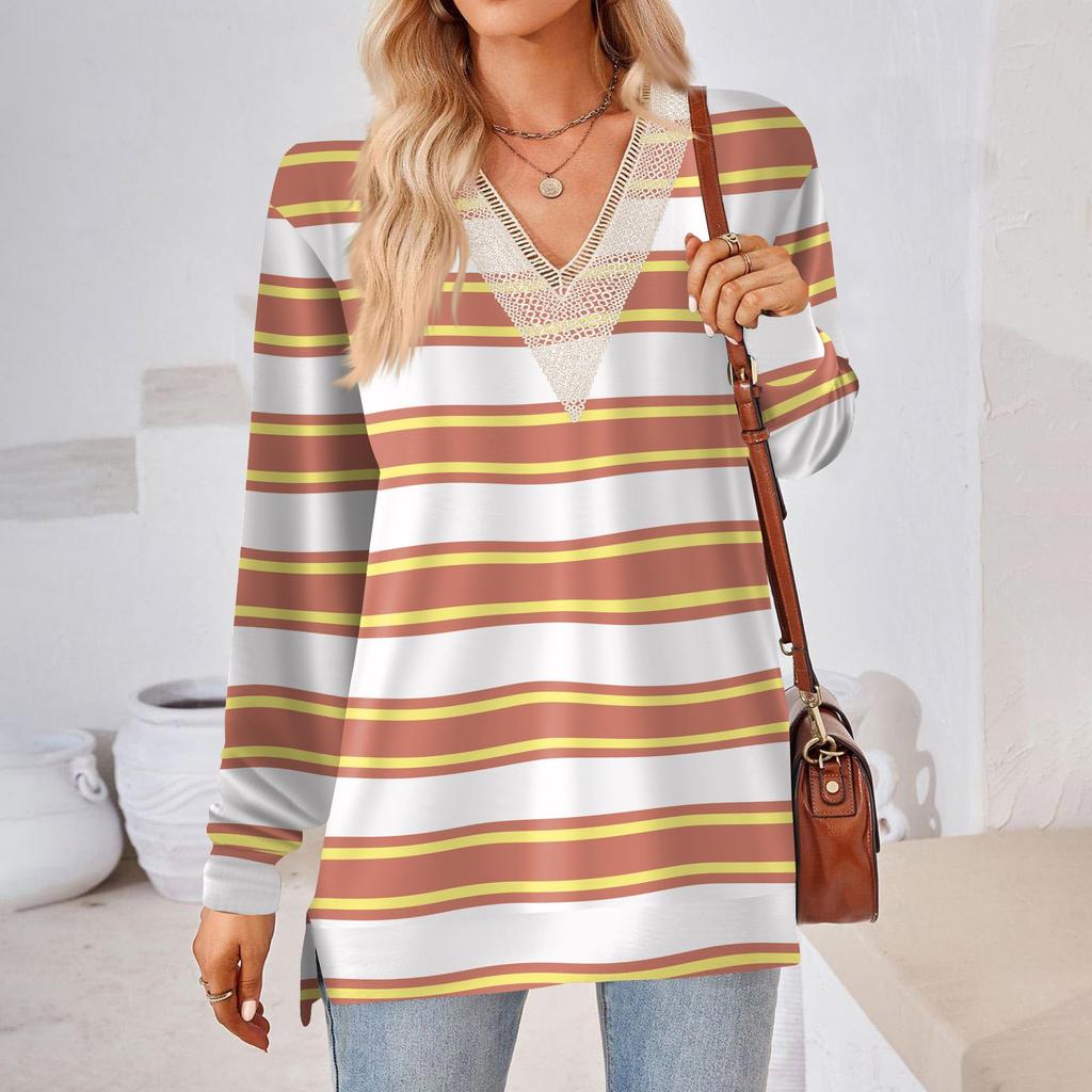 Womens Tops Loose V-neck Contrast Color Split Loose Long Sleeve T-shirt Women's Tops