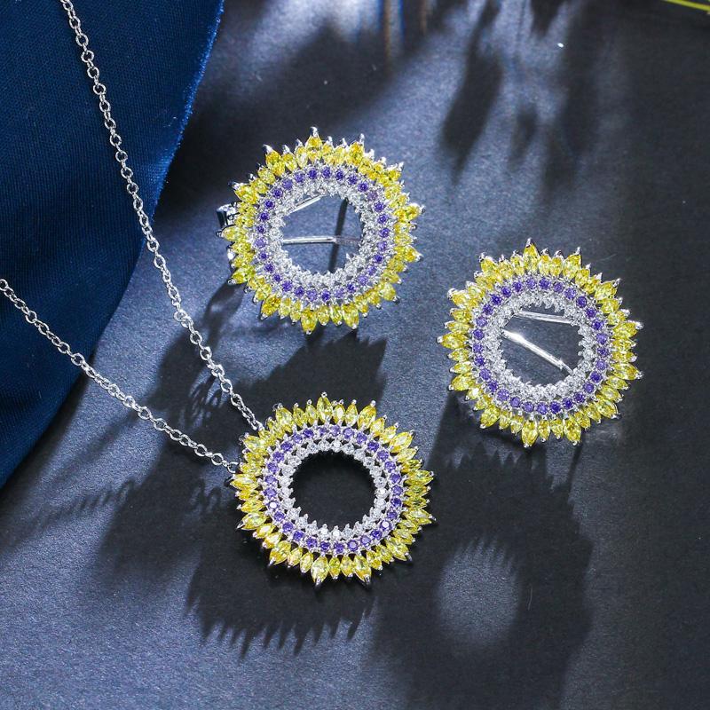 WWJ 2PCS Elegant Sun Shape Cubic Zirconia Earrings Necklace Sets