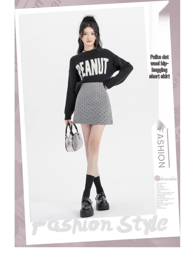 Woolen Polka Dot High-Waisted A-Line Skirt - Petite Hip-Hugging Style for Women, Autumn/Winter 2025