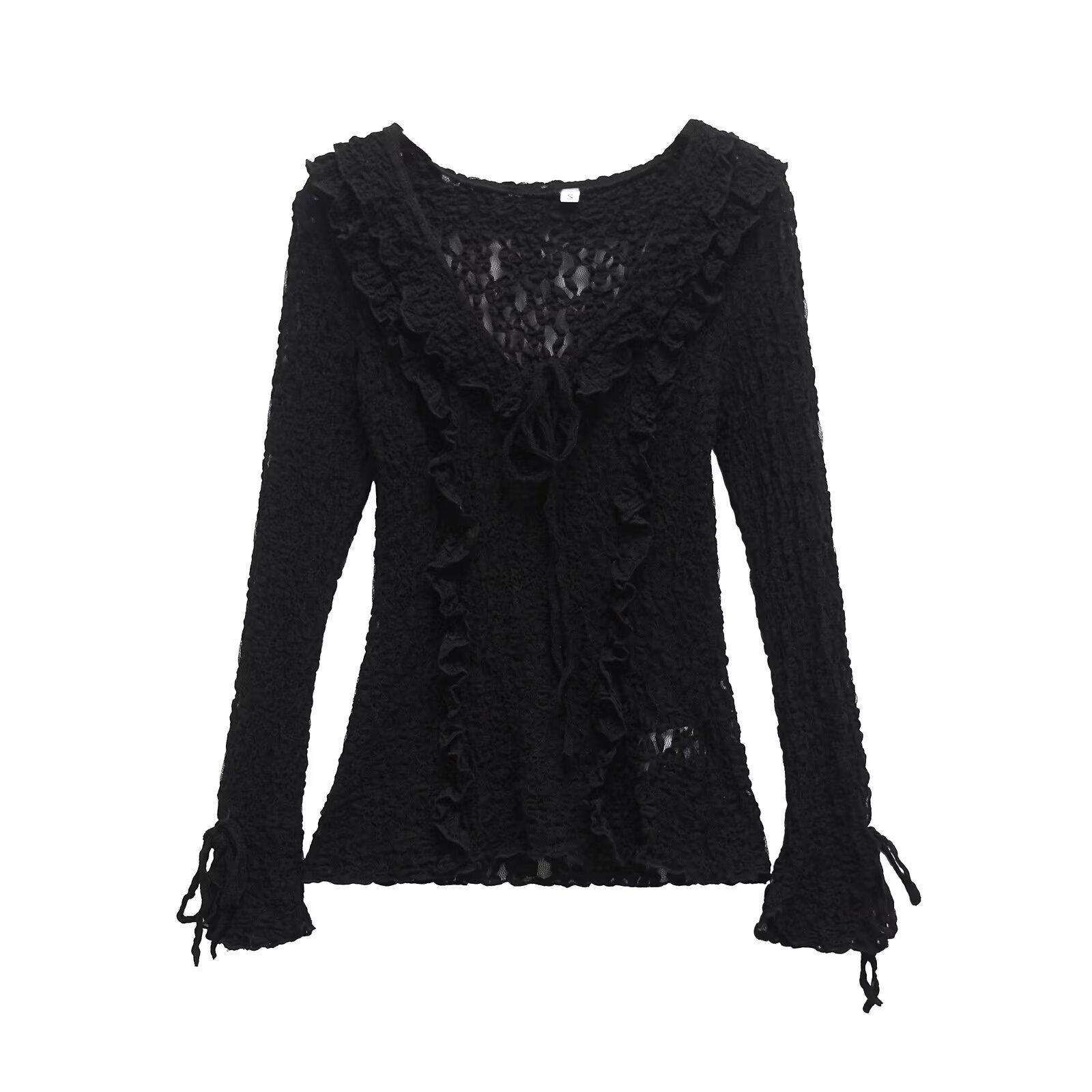 

Весна 2025 Женский приталенный топ с кружевной многослойностью Extra Small чёрный