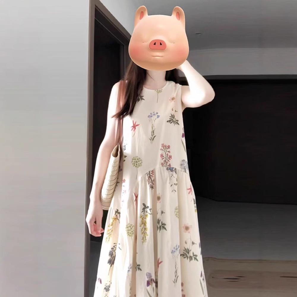 French Coffee Break Sleeveless Round Neck Floral Temperament Vest Dress Summer Schoolgirl Loose and Thin Holiday Dress