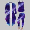 Plus Size Starry Night Sky Print 3 Piece Outfit, Long Sleeve Open Front Cardigan Cami Top Leggings Set for Women