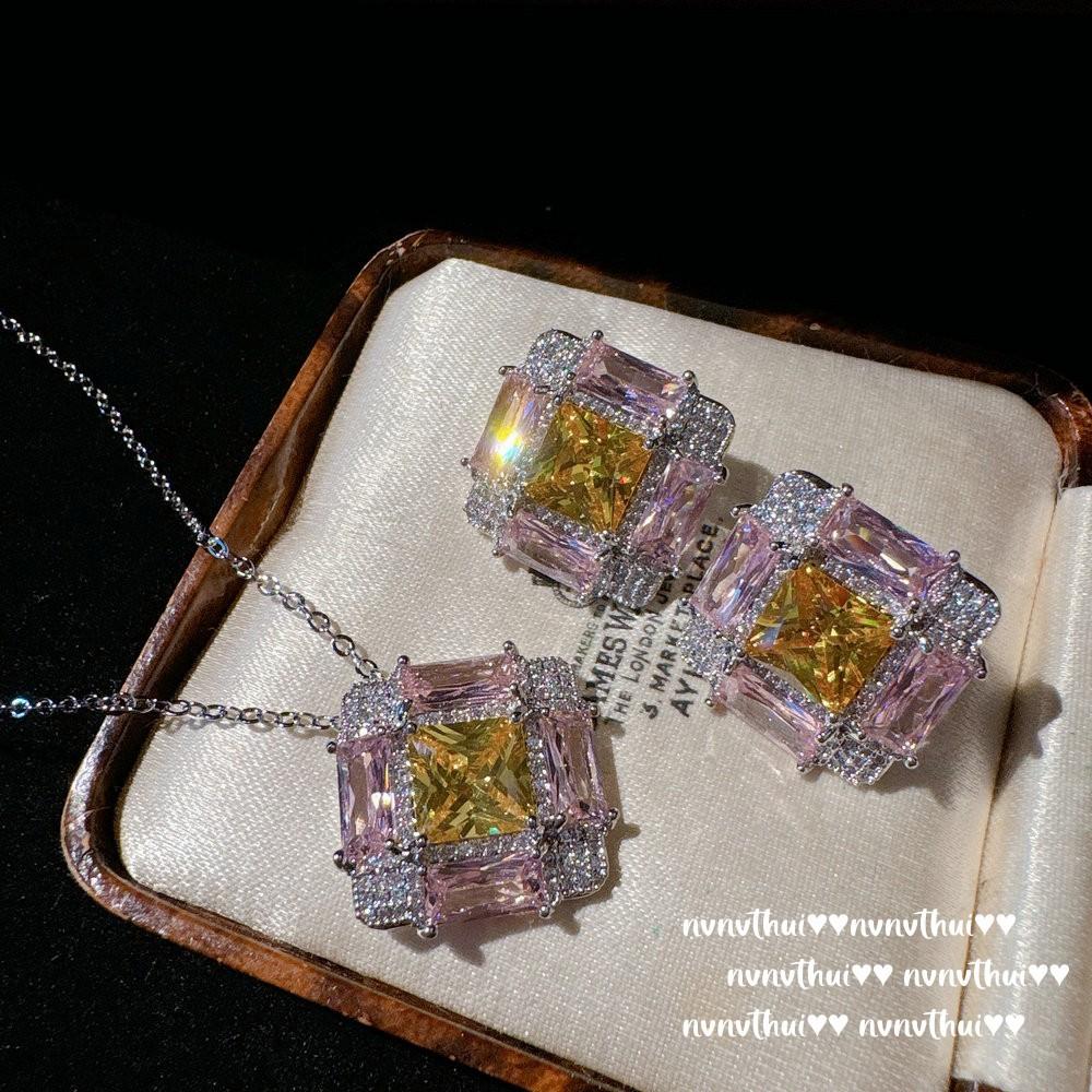 Nvnvthui Papalacha Pink Jewel Necklace, Sotheby'S, 18K Gold Plated, Twilight Yellow Fat Square Zircon Earrings