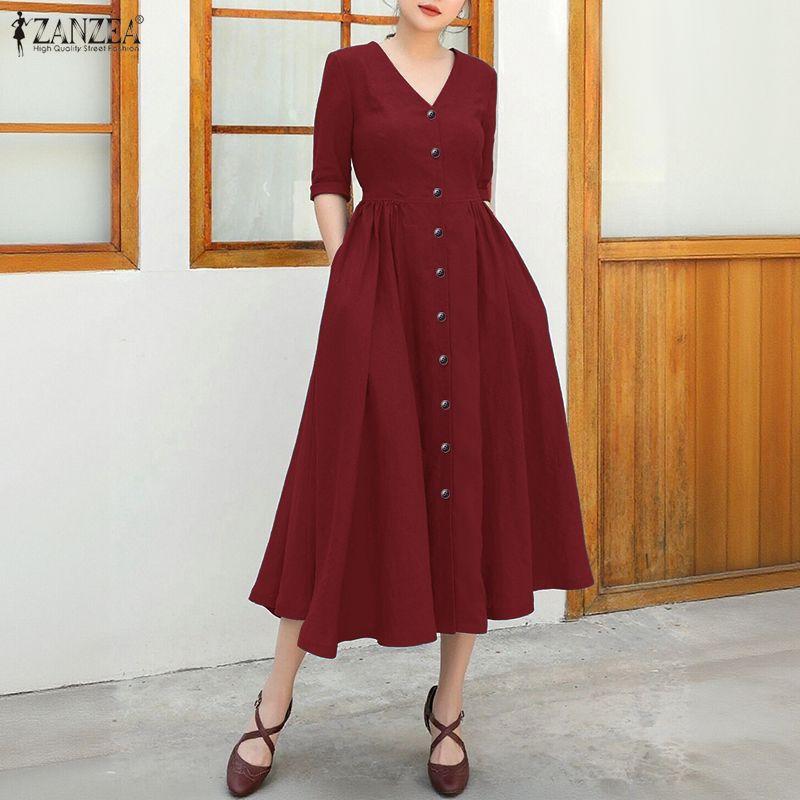 ZANZEA Women Casual V-Neck Summer 3/4 Sleeve Long Dress