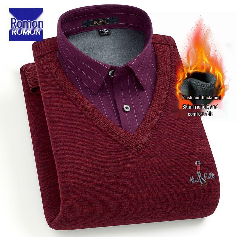 Romon Men's Winter V-Neck Sweater: Faux Two-Piece, Thick Velvet, Warm Knitwear for Middle-Aged and Elderly